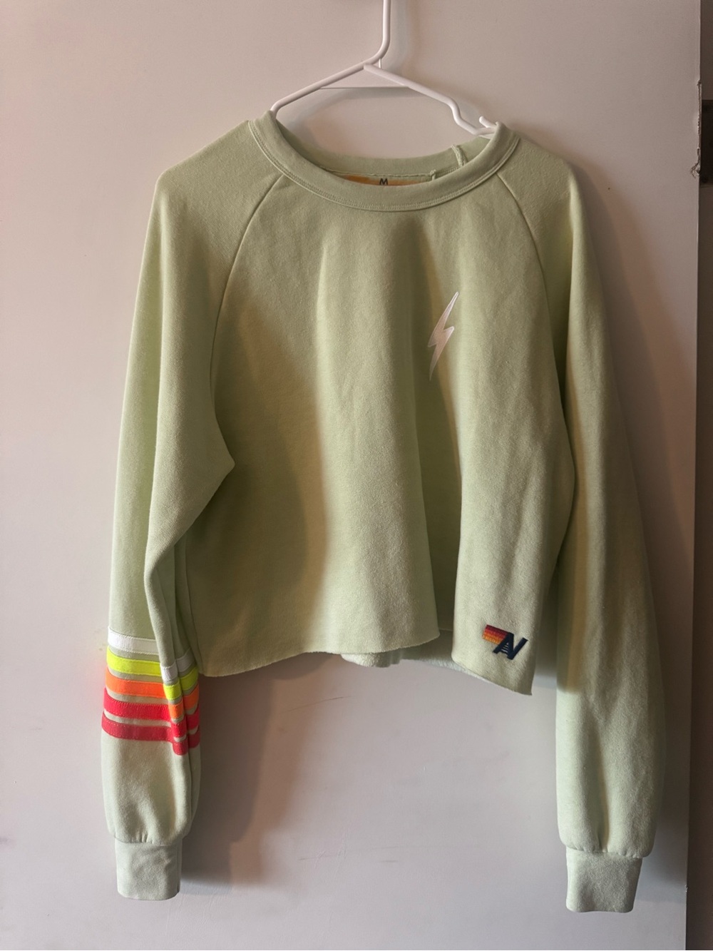 Aviator Nation Neon Stripe Lightning cropped crewneck, Pale Green, medium